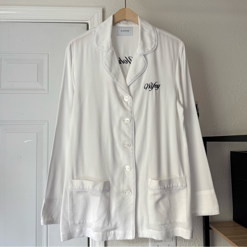 SLEEPER white text embroidered Mrs. Yohannes wifey button up pajama shirt